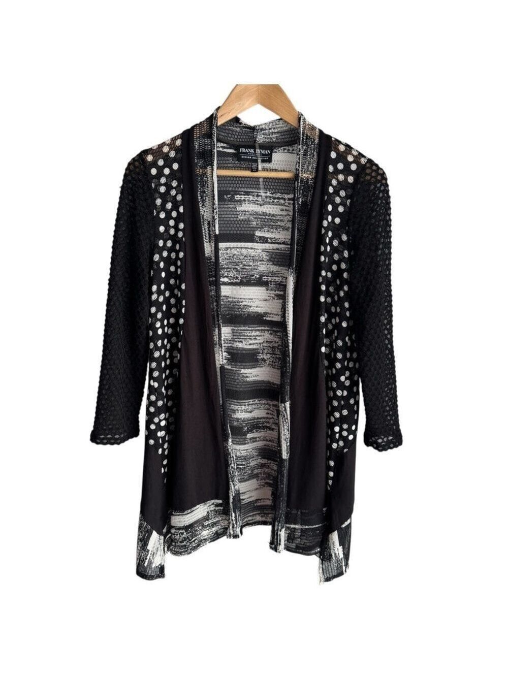 Frank Lyman Perforated Stretch Cardigan Sz M Black White Semi-Sheer Open Front